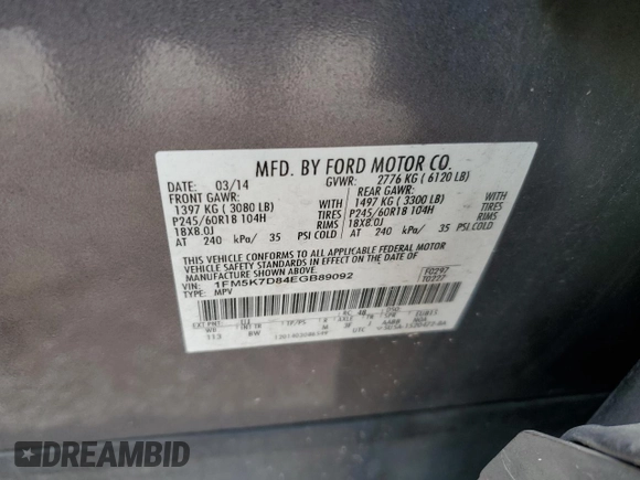 2014 Ford Explorer XLT z VIN 1FM5K7D84EGB89092, wystawiony jako Copart lot #55800745 z przebiegiem 138 755 mil mil oraz Szkoda całkowita • Salvage title. Historia ofert i sprzedaży dostępna na DreamBid. Obrazek 13.