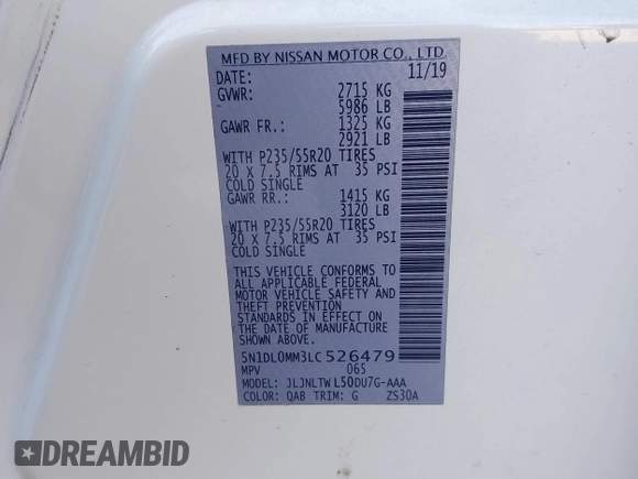 2020 Infiniti QX60 Luxe with VIN 5N1DL0MM3LC526479, listed as a IAAI auction lot 42044109 with 84,010 mi miles and . Bid and sale history available at DreamBid. Image 9.