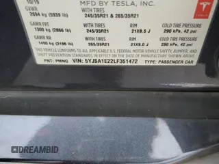 2020 Tesla Model S Long Range with VIN 5YJSA1E22LF351472, listed as a Copart auction lot 56195695 with 76,311 mi miles and Salvage title. Bid and sale history available at DreamBid. Image 12.