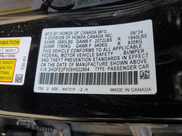 2025 Honda Civic Sport with VIN 2HGFE2F50SH522864, listed as a Copart auction lot 55648945 with Not provided miles and Salvage title. Bid and sale history available at DreamBid. Image 12.
