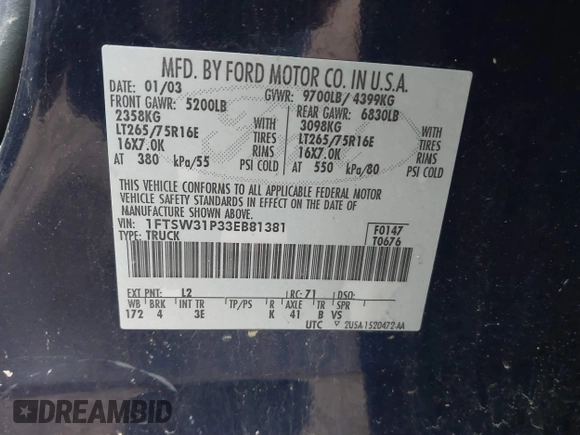 2003 Ford F-350 XL with VIN 1FTSW31P33EB81381, listed as a IAAI auction lot 41119095 with 300,858 mi miles and . Bid and sale history available at DreamBid. Image 9.