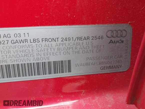 2011 Audi A4 Premium z VIN WAUBFAFL8BN047763, wystawiony jako IAAI lot #42283107 z przebiegiem 122 611 mil mil oraz . Historia ofert i sprzedaży dostępna na DreamBid. Obrazek 9.