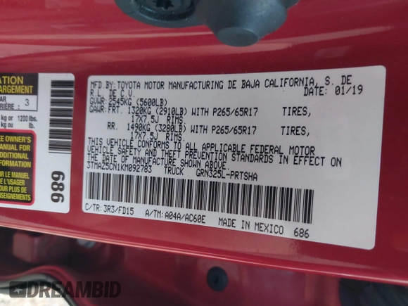 2019 Toyota Tacoma SR5 with VIN 3TMAZ5CN1KM092783, listed as a IAAI auction lot 42181784 with 86,272 mi miles and . Bid and sale history available at DreamBid. Image 9.
