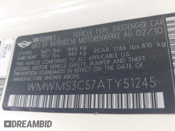 2010 MINI Convertible S with VIN WMWMS3C57ATY51245, listed as a IAAI auction lot 41802174 with 110,154 mi miles and . Bid and sale history available at DreamBid. Image 9.
