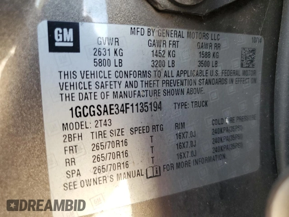 2015 Chevrolet Colorado 2WD WT with VIN 1GCGSAE34F1135194, listed as a Copart auction lot 76973794 with 148,161 mi miles and Non repairable. Bid and sale history available at DreamBid. Image 13.