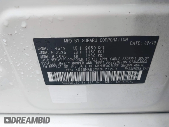 2019 Subaru Legacy with VIN 4S3BNAB6XK3027239, listed as a IAAI auction lot 41505627 with 107,472 mi miles. Bid and sale history available at carsss.com. Image 9.