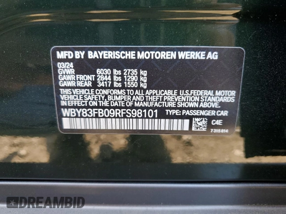 2024 BMW i4 xDrive40 with VIN WBY83FB09RFS98101, listed as a Copart auction lot 54345574 with 209 mi miles and Salvage Title. Bid and sale history available at carsss.com. Image 12.