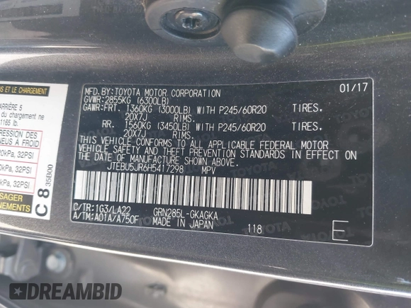 2017 Toyota 4Runner SR5 z VIN JTEBU5JR6H5417298, wystawiony jako IAAI lot #42464895 z przebiegiem 144 266 mil mil oraz . Historia ofert i sprzedaży dostępna na DreamBid. Obrazek 9.