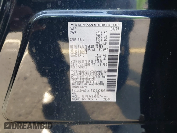 2020 Infiniti QX60 Pure with VIN 5N1DL0MN1LC501086, listed as a IAAI auction lot 41729091 with 108,329 mi miles and . Bid and sale history available at DreamBid. Image 9.