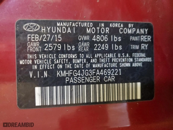 2015 Hyundai Azera with VIN KMHFG4JG3FA469221, listed as a Copart auction lot 50949075 with 82,923 mi miles and Clean Title. Bid and sale history available at carsss.com. Image 12.