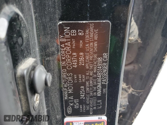 2011 Kia Optima EX with VIN KNAGN4A64B5149198, listed as a Copart auction lot 46599935 with Not Provided miles and Clean Title. Bid and sale history available at carsss.com. Image 12.