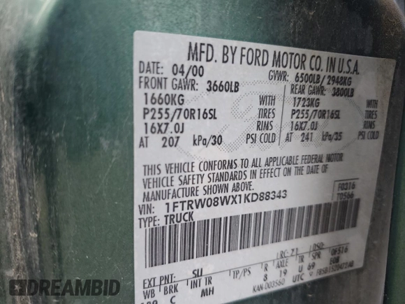 2001 Ford F-150 XLT with VIN 1FTRW08WX1KD88343, listed as a Copart auction lot 53747425 with Not provided miles and Clean title. Bid and sale history available at DreamBid. Image 12.
