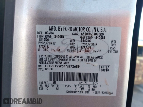 2004 Ford F-150 XL with VIN 1FTRF12W54NB72689, listed as a IAAI auction lot 42646140 with 116,909 mi miles and . Bid and sale history available at DreamBid. Image 9.