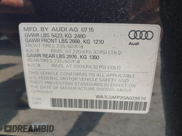 2016 Audi Q5 Premium Plus с VIN WA1L2AFP2GA029516, выставлен на аукционе IAAI как лот 42411006 с пробегом 112 817 миль миль и . История ставок и продаж доступна на DreamBid. Изображение 9.