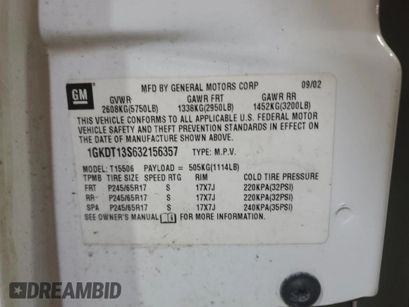 2003 GMC Envoy SLE z VIN 1GKDT13S632156357, wystawiony jako Copart lot #41398035 z przebiegiem 160 338 mil mil oraz Szkoda całkowita • Salvage title. Historia ofert i sprzedaży dostępna na DreamBid. Obrazek 13.