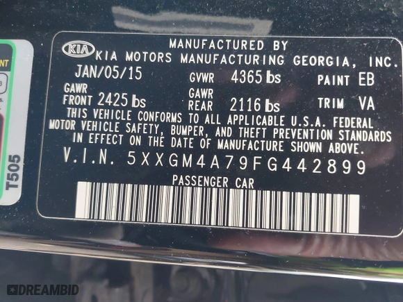2015 Kia Optima LX with VIN 5XXGM4A79FG442899, listed as a IAAI auction lot 41859111 with 169,130 mi miles. Bid and sale history available at carsss.com. Image 9.