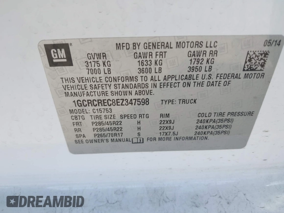 2014 Chevrolet Silverado 1500 LT with VIN 1GCRCREC8EZ347598, listed as a IAAI auction lot 41688554 with 116,298 mi miles and . Bid and sale history available at DreamBid. Image 9.