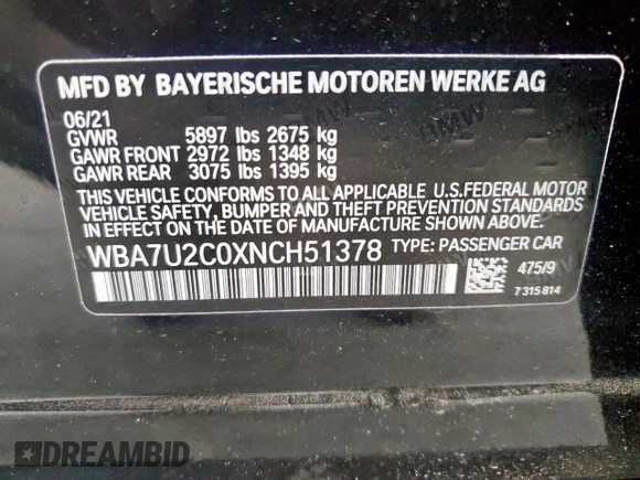 2022 BMW 7 Series 750i xDrive with VIN WBA7U2C0XNCH51378, listed as a Copart auction lot 54385875 with 23,990 mi miles and Clean Title. Bid and sale history available at carsss.com. Image 12.