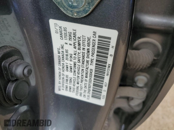 2013 Honda Civic LX z VIN 2HGFB2F55DH300459, wystawiony jako Copart lot #53210385 z przebiegiem 161 534 mil mil oraz Czysty tytuł • Clean title. Historia ofert i sprzedaży dostępna na DreamBid. Obrazek 12.