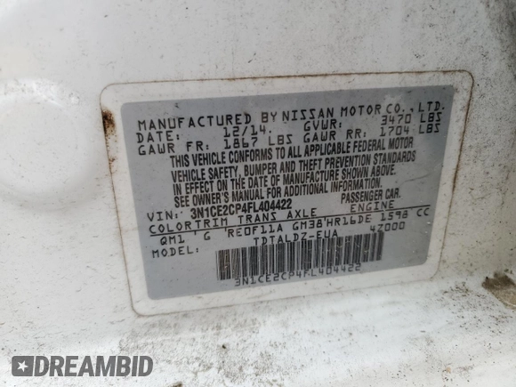2015 Nissan Note S z VIN 3N1CE2CP4FL404422, wystawiony jako Copart lot #55834855 z przebiegiem 113 990 mil mil oraz Szkoda całkowita • Salvage title. Historia ofert i sprzedaży dostępna na DreamBid. Obrazek 12.