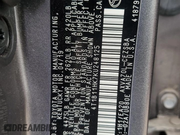 2019 Toyota Camry LE with VIN 4T1B11HK7KU248125, listed as a Copart auction lot 46953005 with 71,420 mi miles and Salvage Title. Bid and sale history available at carsss.com. Image 12.