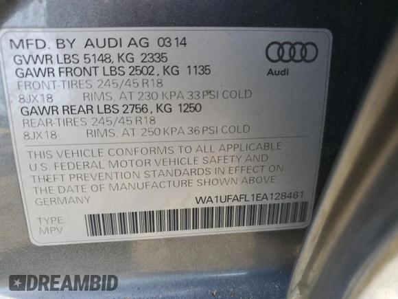 2014 Audi allroad Premium Plus with VIN WA1UFAFL1EA128461, listed as a Copart auction lot 84017974 with 58,955 mi miles and Salvage Title. Bid and sale history available at carsss.com. Image 12.