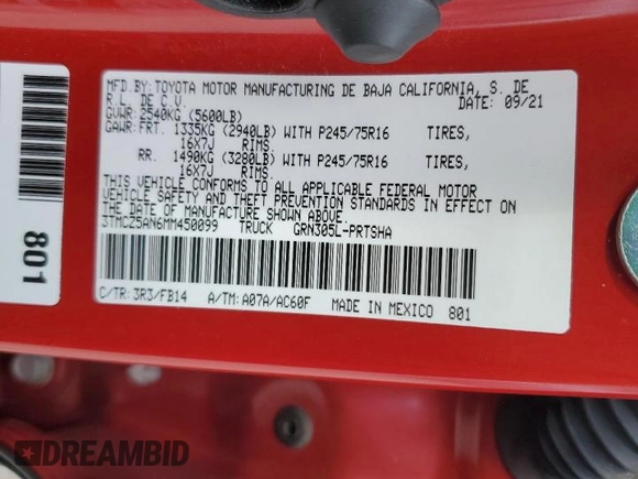 2021 Toyota Tacoma SR with VIN 3TMCZ5AN6MM450099, listed as a Copart auction lot 78671524 with 54,192 mi miles and Salvage title. Bid and sale history available at DreamBid. Image 12.