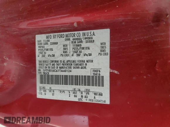 2001 Ford Ranger XL with VIN 1FTYR10C61TA40124, listed as a Copart auction lot 48943325 with 196,810 mi miles and Salvage title. Bid and sale history available at DreamBid. Image 14.