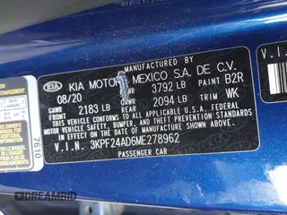 2021 Kia Forte LXS with VIN 3KPF24AD6ME278962, listed as a IAAI auction lot 42412267 with 38,158 mi miles and . Bid and sale history available at DreamBid. Image 9.