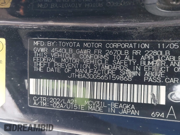 2006 Lexus ES 350 with VIN JTHBA30G565159868, listed as a IAAI auction lot 41389898 with 143,604 mi miles and . Bid and sale history available at DreamBid. Image 9.