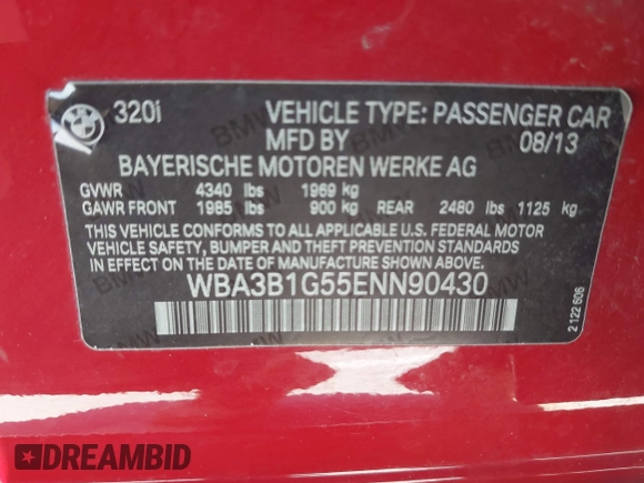 2014 BMW 3 Series 320i with VIN WBA3B1G55ENN90430, listed as a IAAI auction lot 42625836 with 175,531 mi miles and . Bid and sale history available at DreamBid. Image 9.