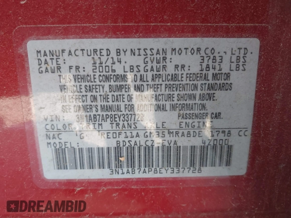 2014 Nissan Sentra S with VIN 3N1AB7AP8EY337728, listed as a IAAI auction lot 42180852 with 94,281 mi miles and . Bid and sale history available at DreamBid. Image 9.