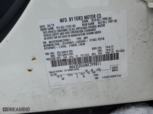 2019 Ford EcoSport SE with VIN MAJ3S2GE0KC299811, listed as a Copart auction lot 88561015 with 64,264 mi miles and Salvage Title. Bid and sale history available at carsss.com. Image 12.