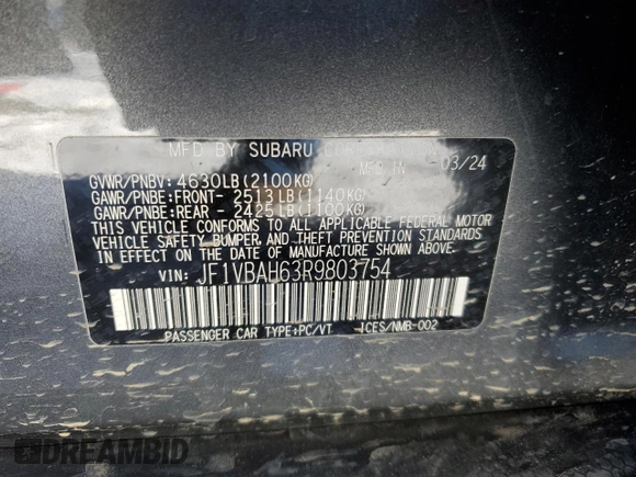 2024 Subaru WRX Premium with VIN JF1VBAH63R9803754, listed as a Copart auction lot 89322505 with 4,238 mi miles and Salvage title. Bid and sale history available at DreamBid. Image 14.
