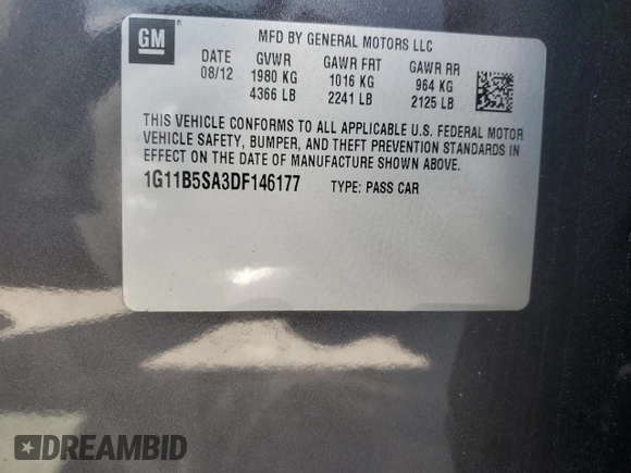 2013 Chevrolet Malibu LS with VIN 1G11B5SA3DF146177, listed as a Copart auction lot 52192065 with 144,117 mi miles and Salvage Title. Bid and sale history available at DreamBid. Image 12.