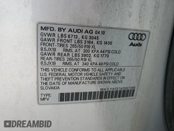 2010 Audi Q7 3.6L Premium Plus with VIN WA1LYAFE7AD007465, listed as a Copart auction lot 45059355 with 162,740 mi miles and Salvage Title. Bid and sale history available at carsss.com. Image 13.