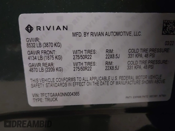 2022 Rivian R1T Adventure Package with VIN 7FCTGAAA0NN004365, listed as a IAAI auction lot 41534730 with 1 mi miles. Bid and sale history available at carsss.com. Image 9.