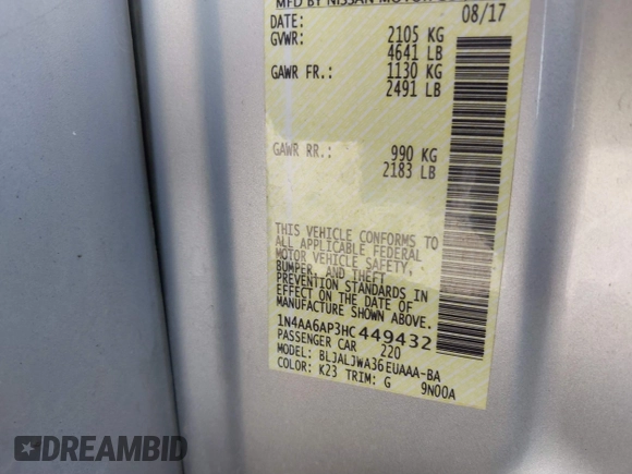 2017 Nissan Maxima SV with VIN 1N4AA6AP3HC449432, listed as a IAAI auction lot 40914078 with 118,020 mi miles and . Bid and sale history available at DreamBid. Image 9.
