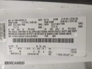2016 Ford Escape SE z VIN 1FMCU9GX1GUC67851, wystawiony jako IAAI lot #42283011 z przebiegiem 134 458 mil mil oraz . Historia ofert i sprzedaży dostępna na DreamBid. Obrazek 9.