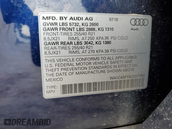2018 Audi SQ5 Prestige with VIN WA1C4AFY9J2217762, listed as a Copart auction lot 60276294 with 96,861 mi miles and Salvage Title. Bid and sale history available at DreamBid. Image 13.