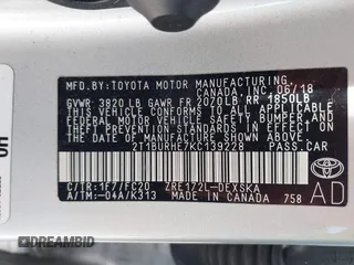 2019 Toyota Corolla L with VIN 2T1BURHE7KC139228, listed as a IAAI auction lot 42243979 with 106,008 mi miles and . Bid and sale history available at DreamBid. Image 9.