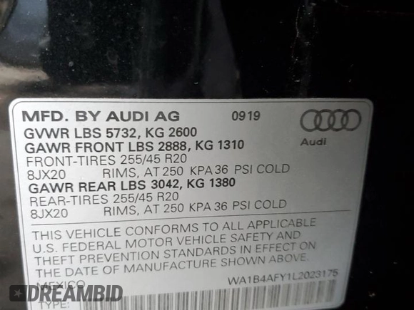 2020 Audi SQ5 Premium Plus with VIN WA1B4AFY1L2023175, listed as a Copart auction lot 45053424 with 54,170 mi miles and Salvage Title. Bid and sale history available at DreamBid. Image 14.