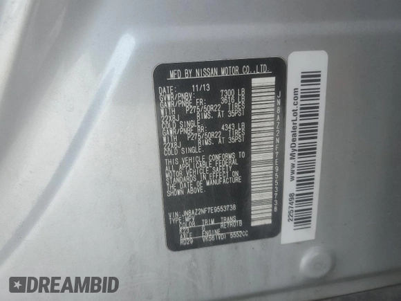2014 Infiniti QX80 with VIN JN8AZ2NF7E9553738, listed as a Copart auction lot 62172325 with 187,697 mi miles and Salvage title. Bid and sale history available at DreamBid. Image 13.