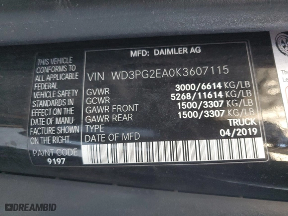 2019 Mercedes-Benz Metris Cargo Van with VIN WD3PG2EA0K3607115, listed as a Copart auction lot 42304145 with 130,615 mi miles and Salvage Title. Bid and sale history available at carsss.com. Image 13.