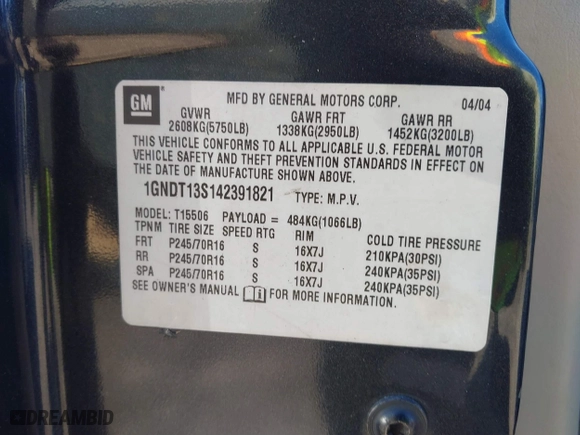 2004 Chevrolet TrailBlazer LS with VIN 1GNDT13S142391821, listed as a IAAI auction lot 41860650 with 184,915 mi miles. Bid and sale history available at carsss.com. Image 9.