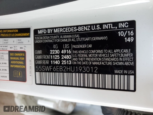 2017 Mercedes-Benz C 43 AMG z VIN 55SWF6EB2HU193012, wystawiony jako Copart lot #61035515 z przebiegiem 59 916 mil mil oraz Szkoda całkowita • Salvage title. Historia ofert i sprzedaży dostępna na DreamBid. Obrazek 12.