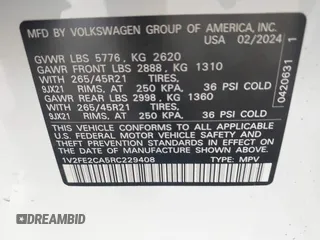 2024 Volkswagen Atlas SEL Premium R-Line with VIN 1V2FE2CA5RC229408, listed as a IAAI auction lot 39587804 with 341 mi miles and . Bid and sale history available at DreamBid. Image 9.
