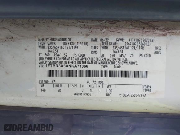 2022 Ford Transit Cargo z VIN 1FTBR3X8XNKA71066, wystawiony jako IAAI lot #41771120 z przebiegiem 87 702 mil mil oraz . Historia ofert i sprzedaży dostępna na DreamBid. Obrazek 8.