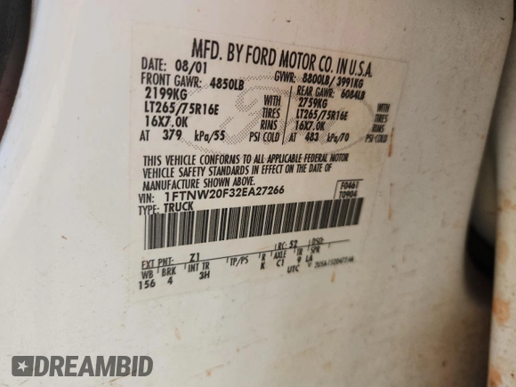 2002 Ford F-250 XL with VIN 1FTNW20F32EA27266, listed as a Copart auction lot 63110855 with 265,546 mi miles and Salvage title. Bid and sale history available at DreamBid. Image 12.