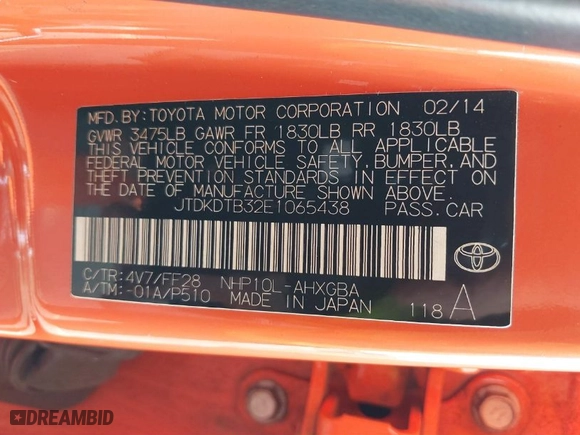2014 Toyota Prius c One with VIN JTDKDTB32E1065438, listed as a IAAI auction lot 37350203 with 94,630 mi miles. Bid and sale history available at carsss.com. Image 9.